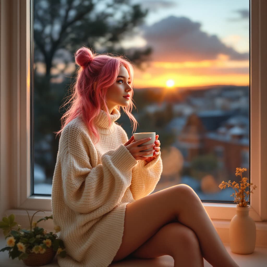 AI generated: The pink-haired girl sits on a windowsill in an oversized white sweater, holding a warm cup of coffe...