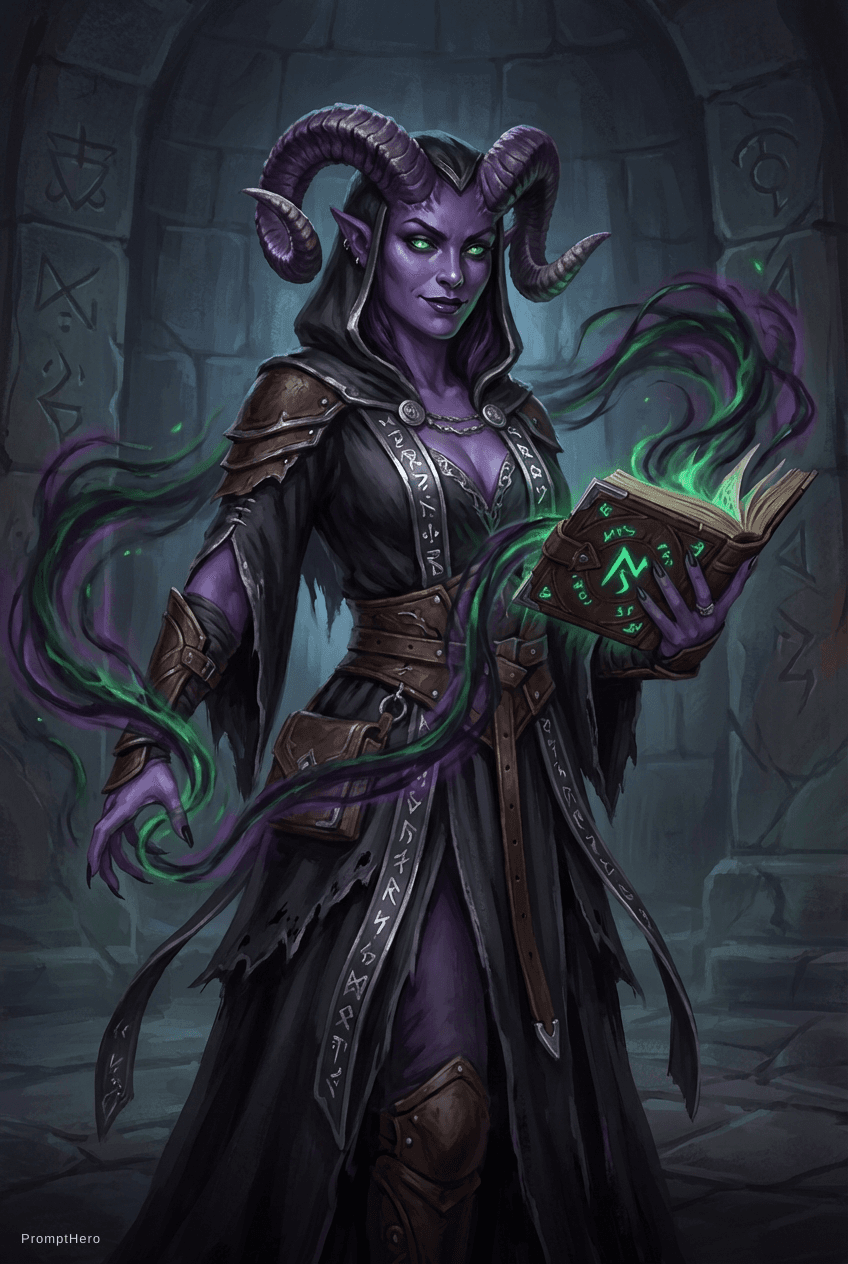 AI generated: female tiefling warlock, purple skin, curled horns, glowing green eyes, tattered black robes, holdin...