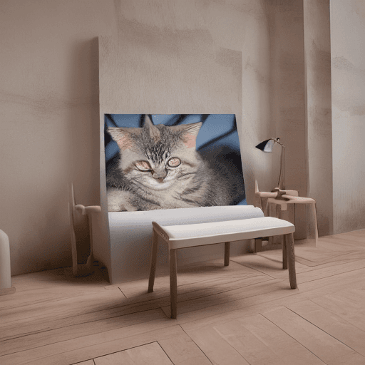 AI generated: cyber ninja kitten beige blue salmon pastel palette, interior design magazine, cozy atmosphere; 8k, ...
