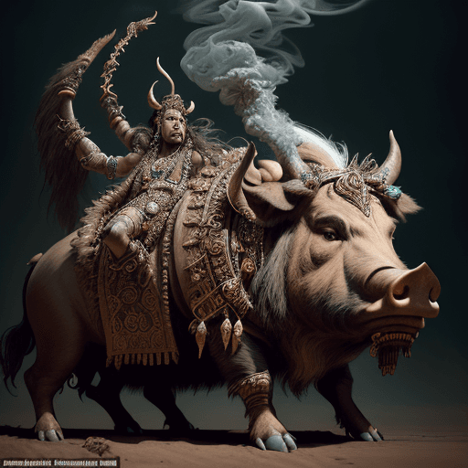 AI generated: incredible depiction of a anthropomorphic boar shaman, ancient and old, ornate trinkets, elaborate, ...