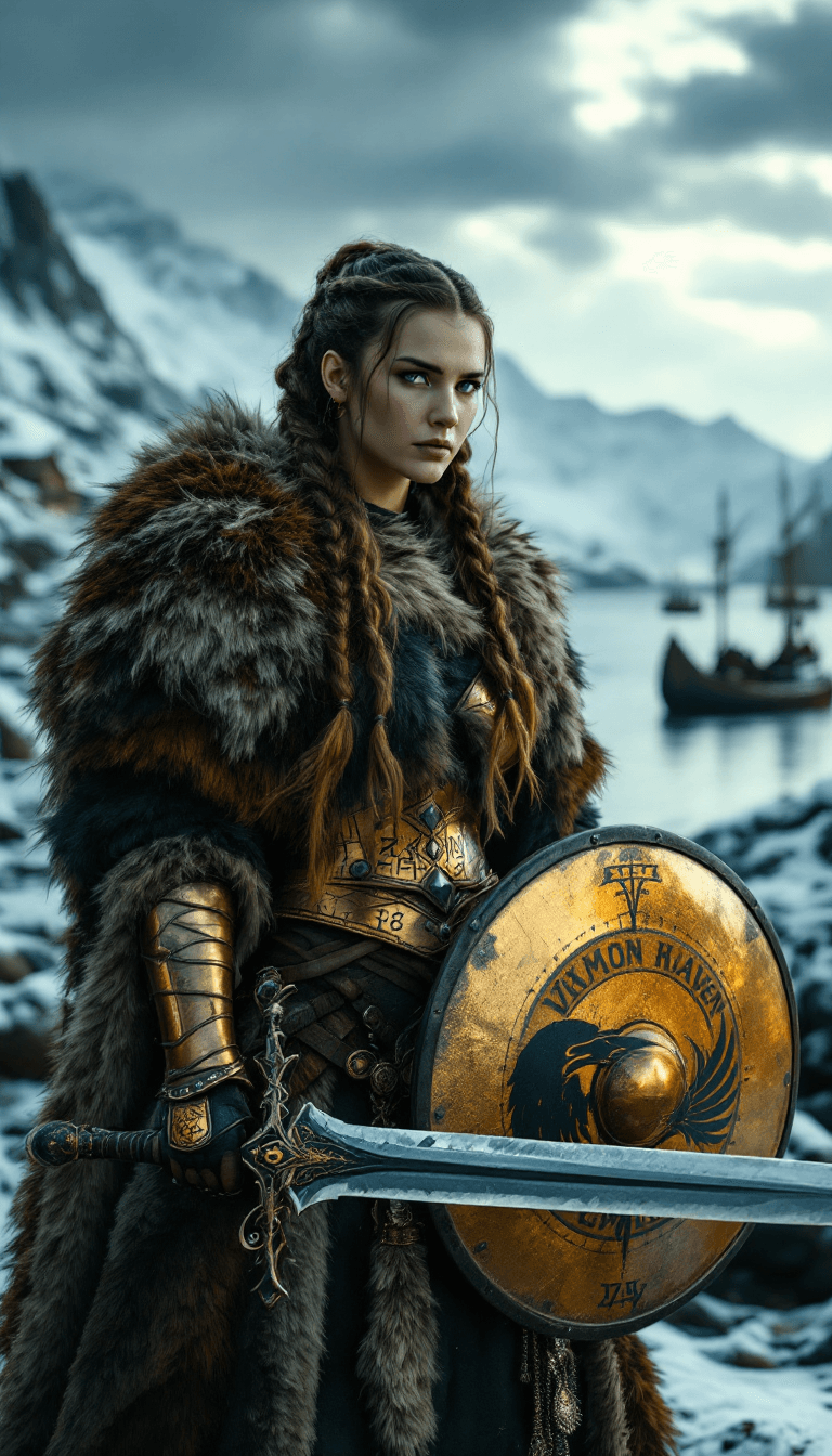 AI generated: FULL BOTY HYPER REALISTIC, PHOTOGRAPHIC, CINEMATIC , powerful Viking warrior queen with ash-brown ha...