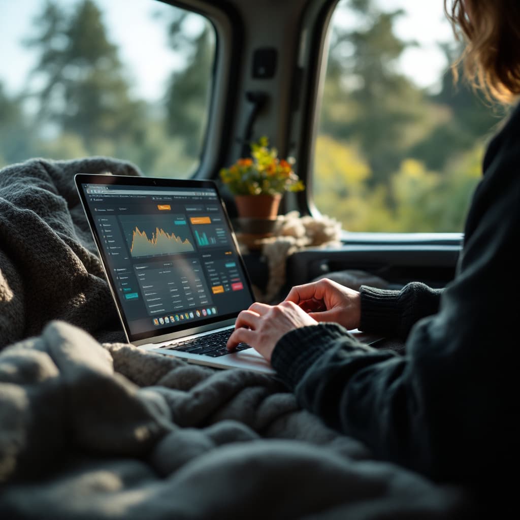 AI generated: A person tracking expenses on a laptop in a cozy van interior. dslr, ultra quality, sharp focus, tac...
