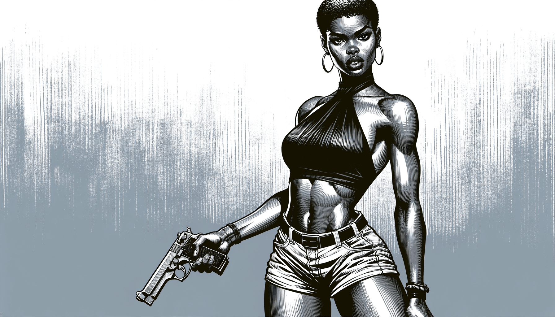 AI generated: Comic book cover illustration, full body shot of young beautiful African American woman, top model f...