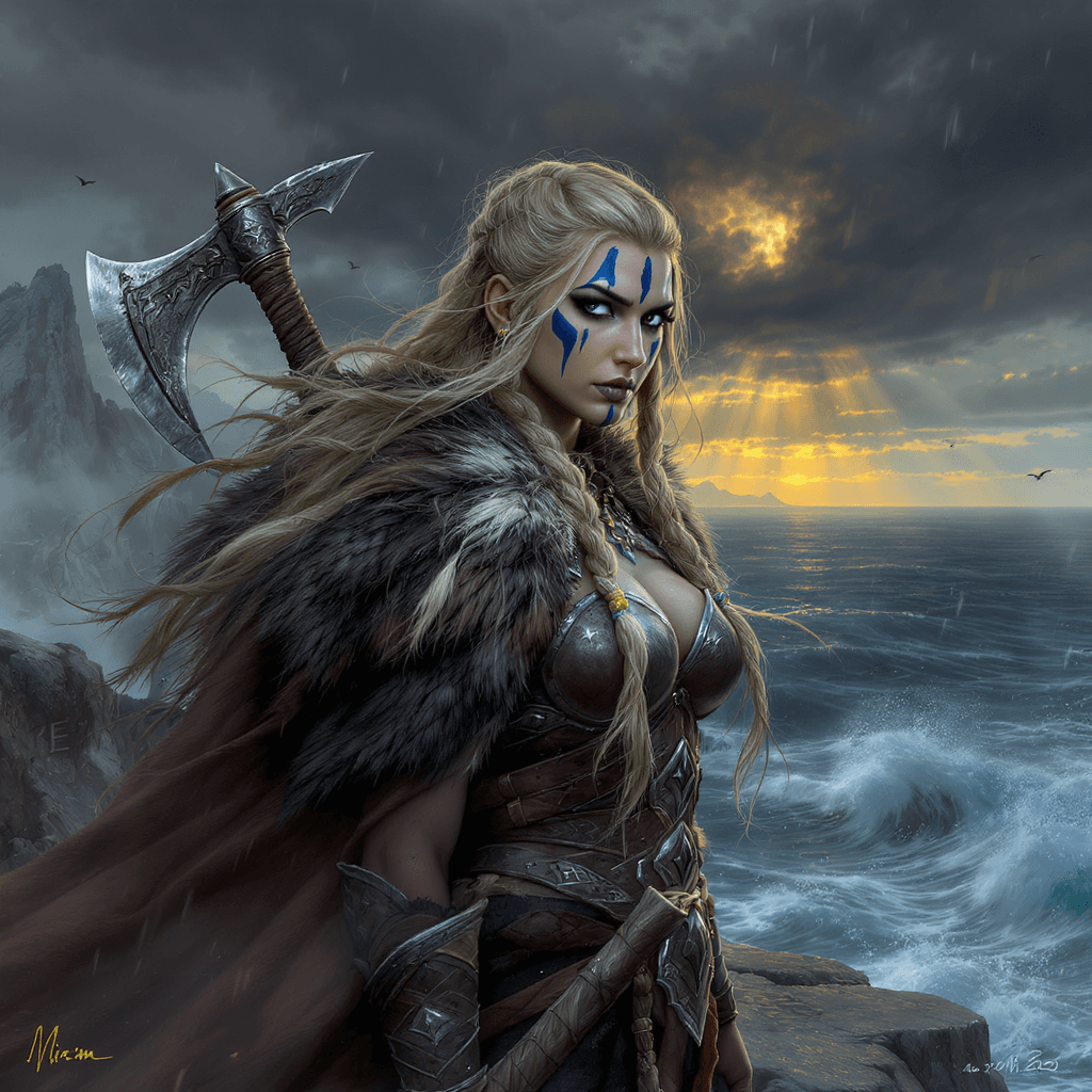 AI generated: Full-color fantasy illustration of a fierce Viking warrior woman with long braided blonde hair, deco...