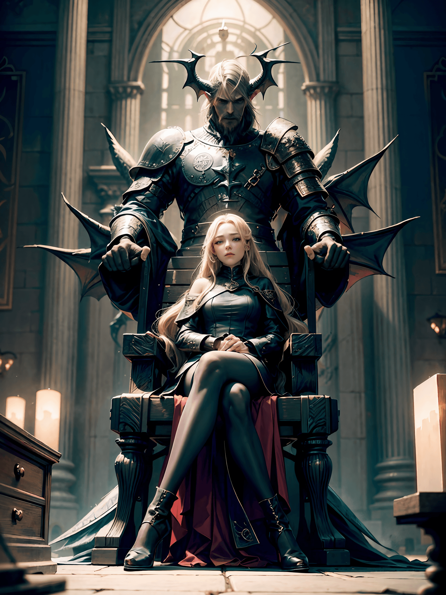 AI generated: a woman sitting on a bench next to a dragon, computer graphics, cgsociety, blonde - haired princess,...