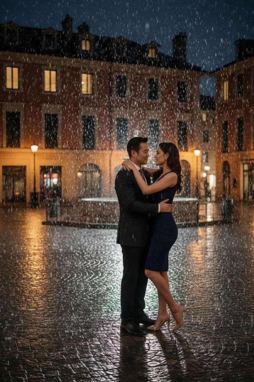 AI generated: danser sous la pluie un slow lent