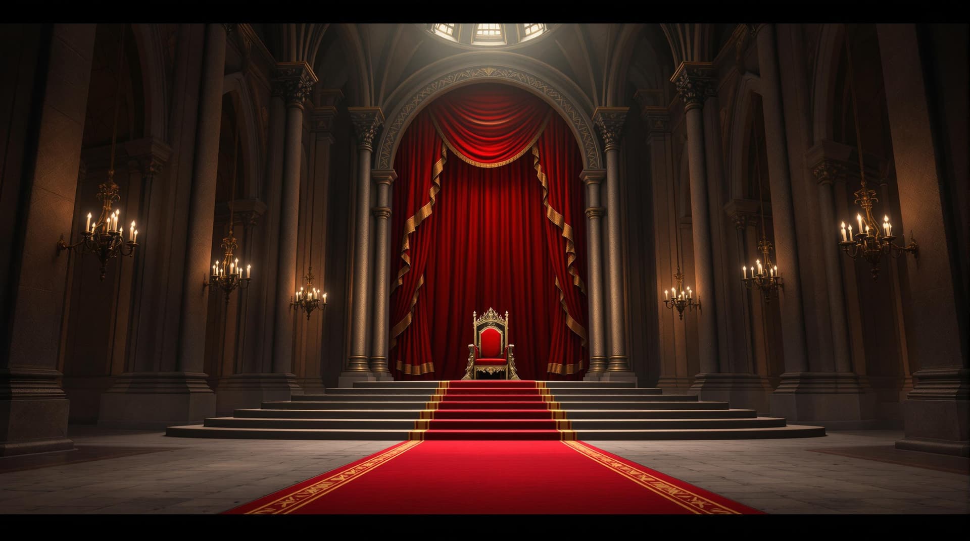 AI generated: a grand, ornate throne room with a majestic red carpet leading up to a raised platform, where a thro...