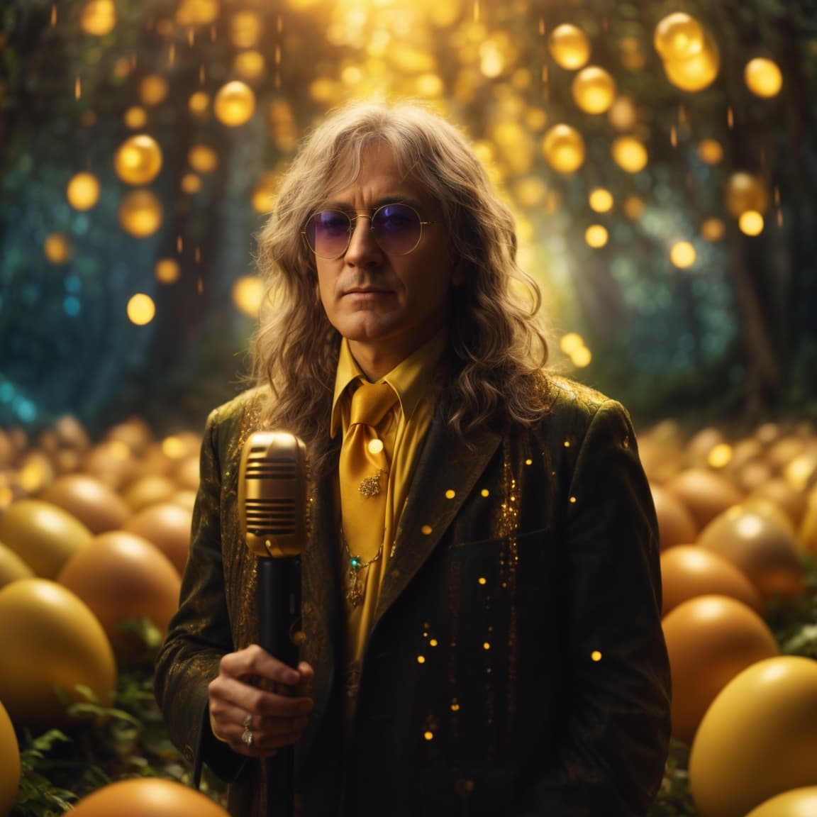 AI generated: Guardian of the eggman, John Lenon with iridescent yello tie dye patterns, holding a mic, lsd-like, ...