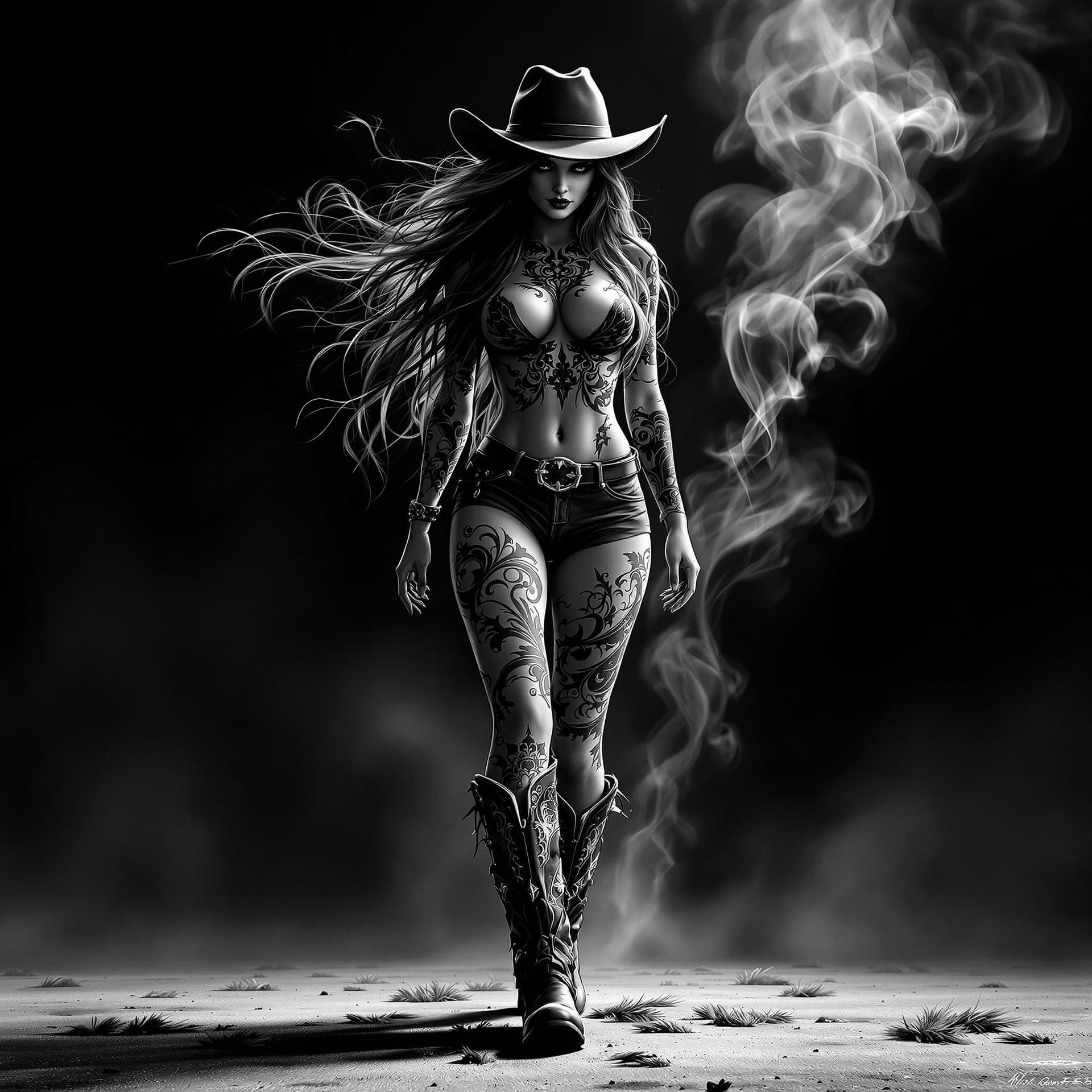 AI generated: Marietta33, very beautiful ,urban_cowgirl_full_body_walking,dynamic_pose,cowboy_boots_and_hat,high_c...