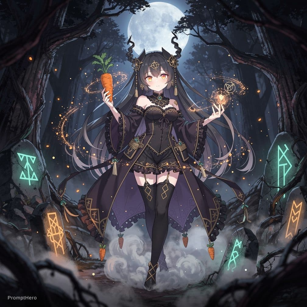 AI generated: chthonic anime girl, dark fantasy, cute yet eerie, long dark hair, glowing eyes, pale skin, holding ...
