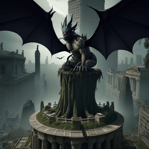 AI generated: A elderich monster with a tree trunk as legs and giant bat wings floating above a city, roots poppin...