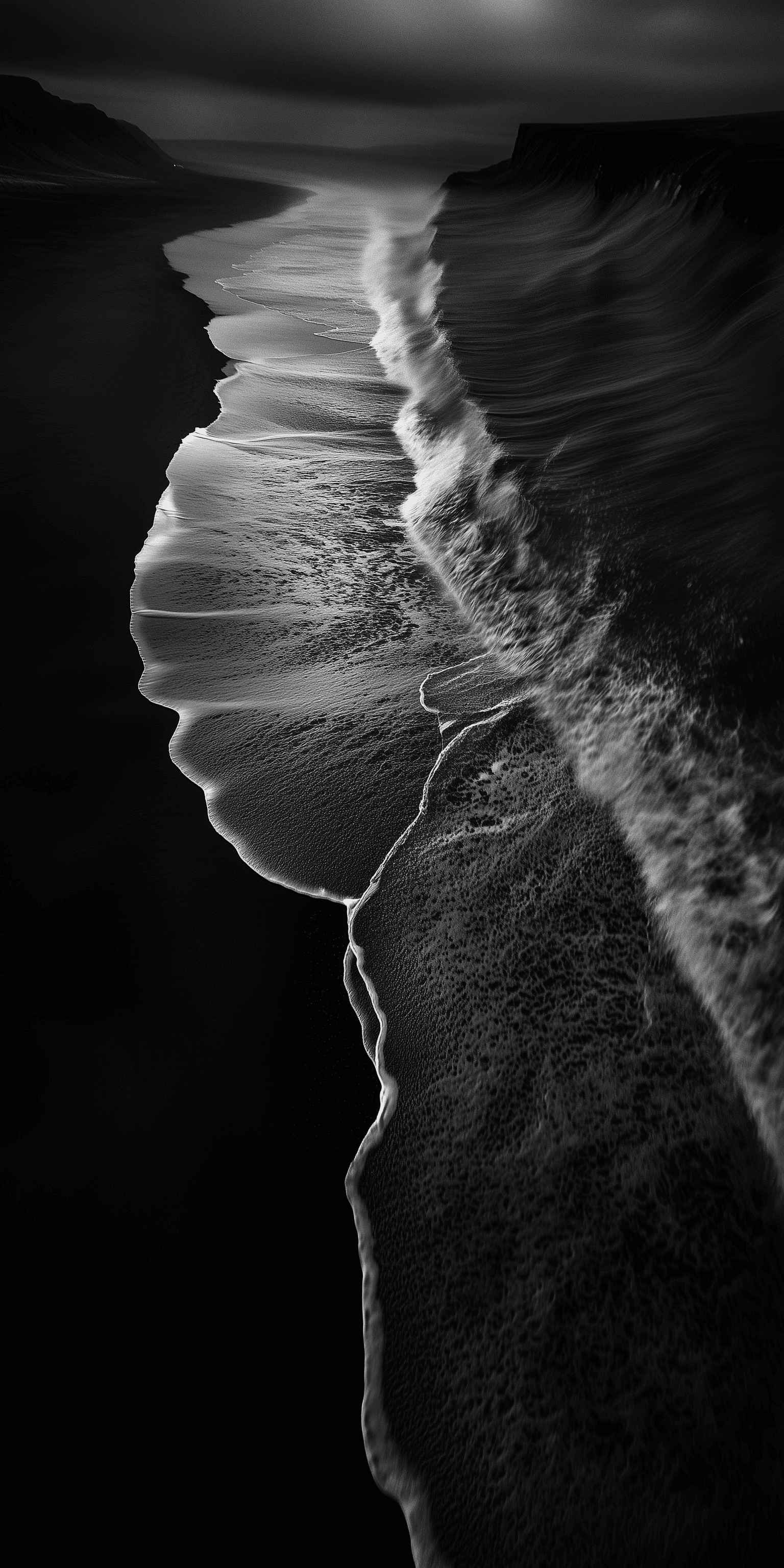 AI generated: Black sand beach, waves breaking on the shore, drone view, black and white photography, night, shado...