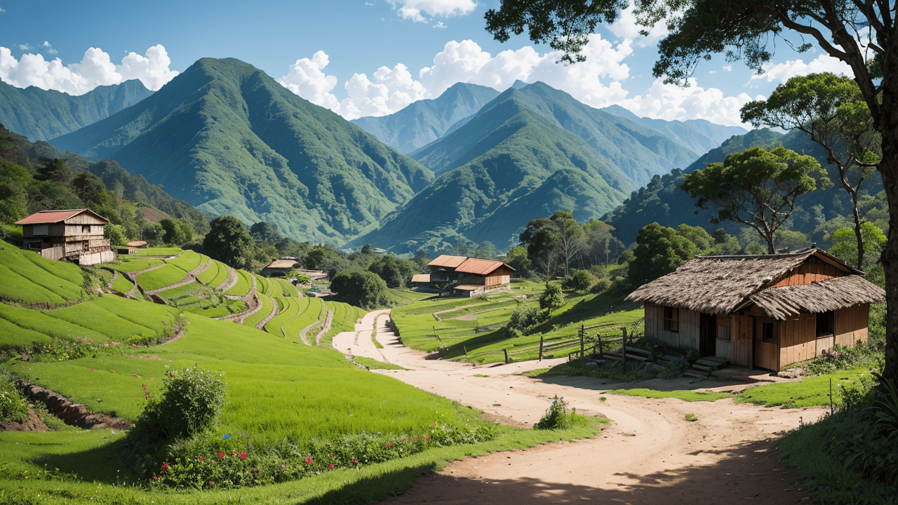 AI generated: Colombian mountain crop field belonging to a humble peasant family, modest vegetation, rustic charm,...