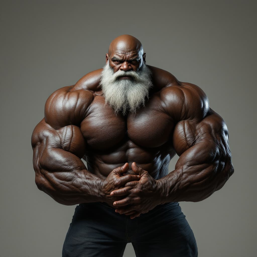 AI generated: A huge muscled black grandpa who is bald with a big beard,  hairy chest,  and is flexing and showing...