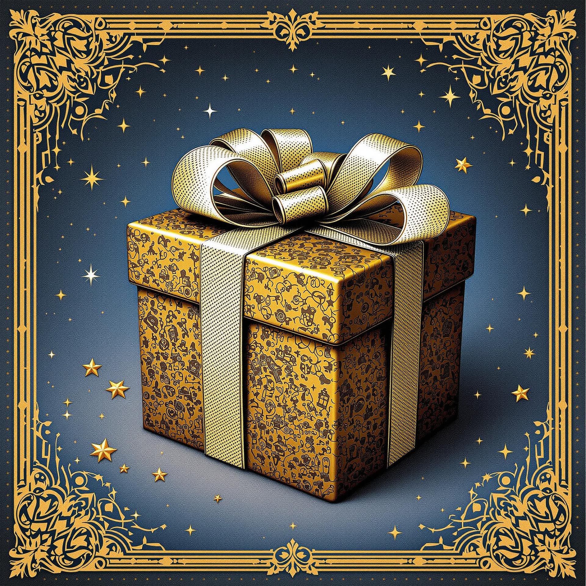 AI generated: in the style of rock album covers, Christmas gift close-up, blue and gold, vintage-inspired designs,...