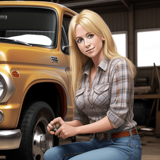 AI generated: blonde haired woman age 30 wearing jeans and a checkered shirt working on in an old body style ford ...