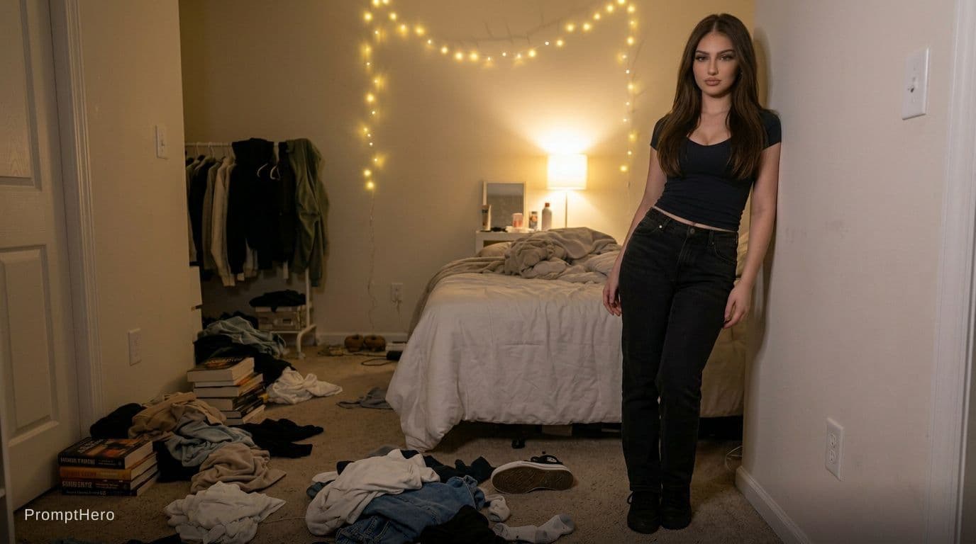 AI generated: A full-body portrait of a young woman standing in a softly lit bedroom at night. She has long straig...
