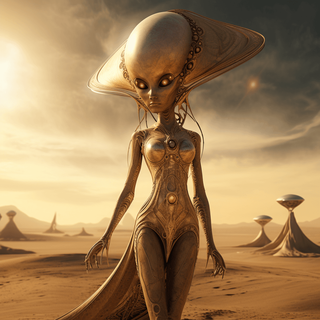AI generated: full body of alien shaped like woman, big golden eyes, mars planet, photo, digital art, fantasy --v ...