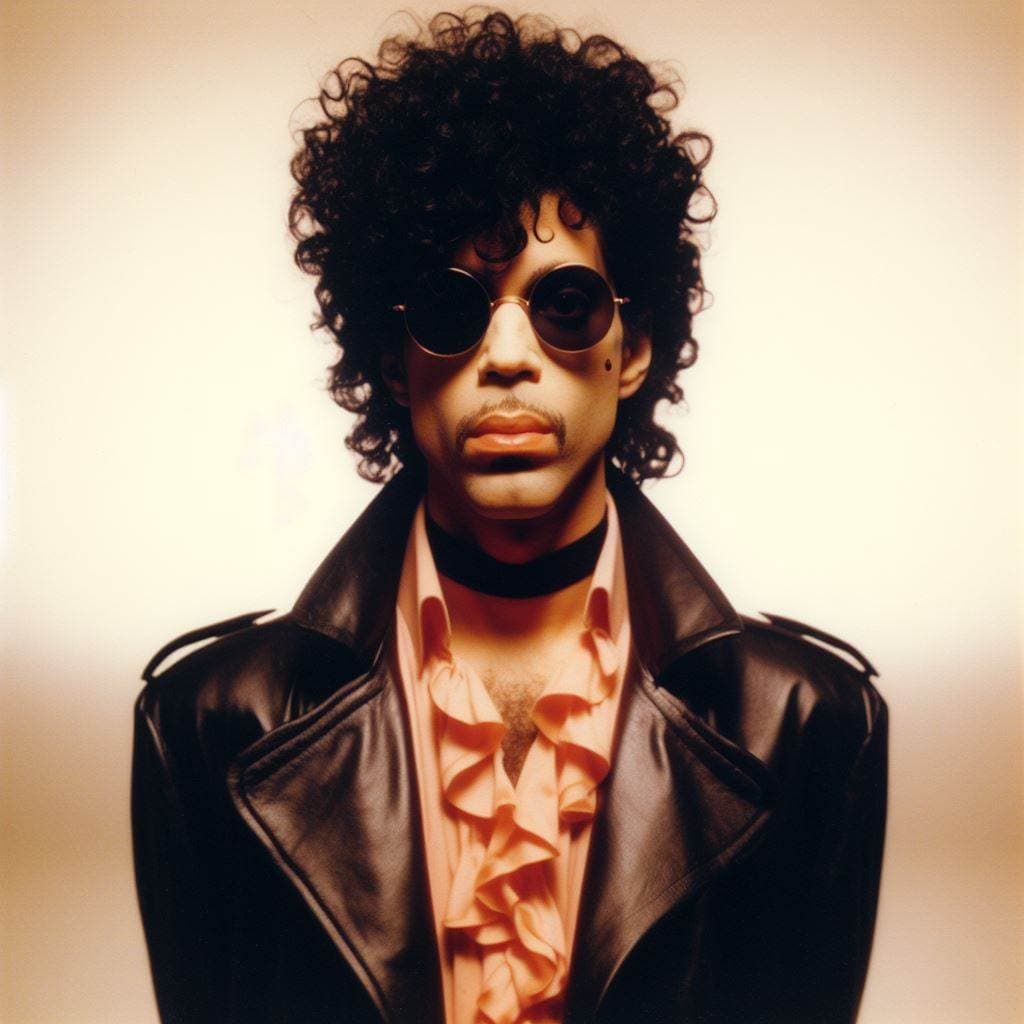 AI generated: vhs portrait shot of prince on stage 1987, sign "o" the times album, black leather trenchcoat, peach...