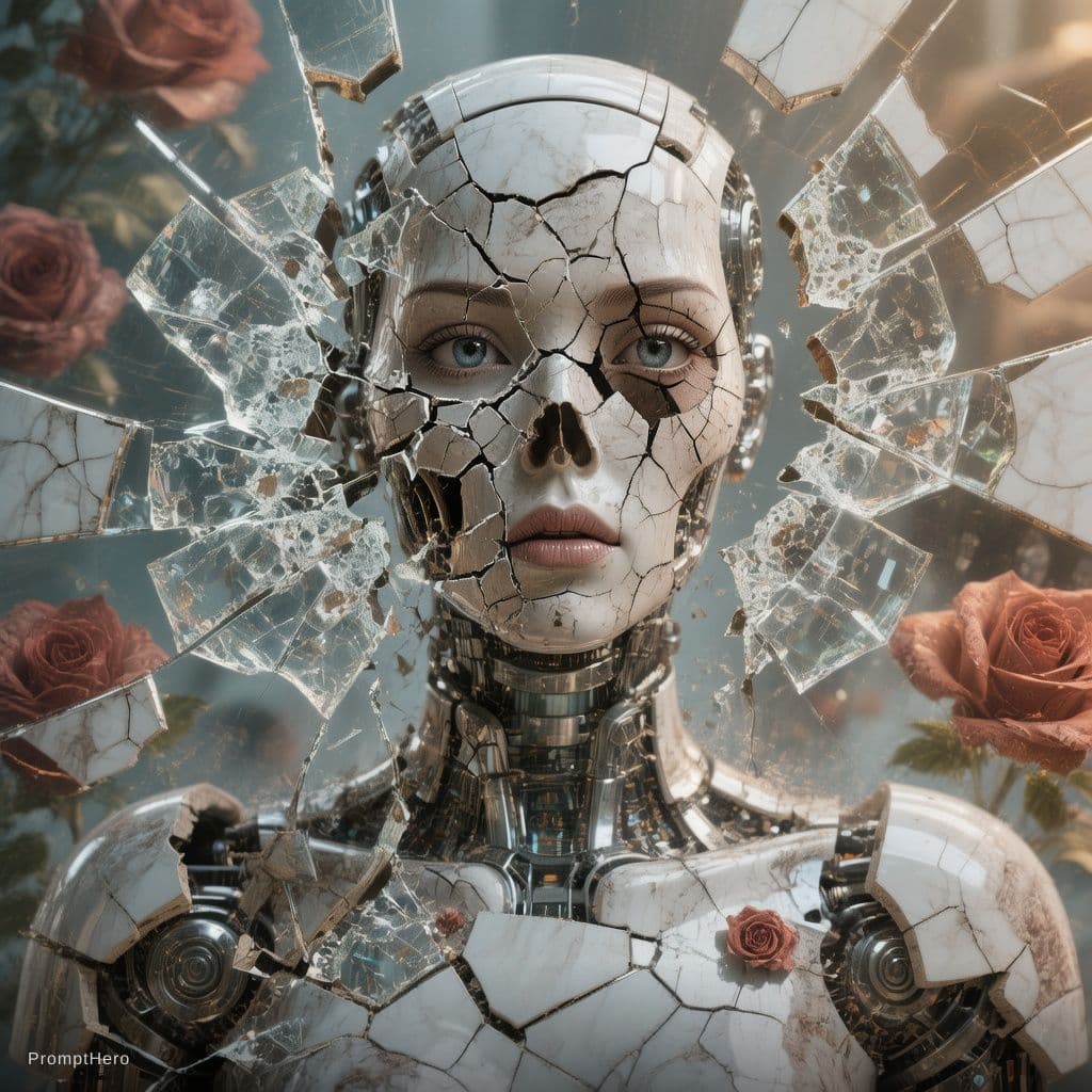 AI generated: Death of a beautiful humanoid female,  close up of a broken android, digital art, cracked porcelain ...