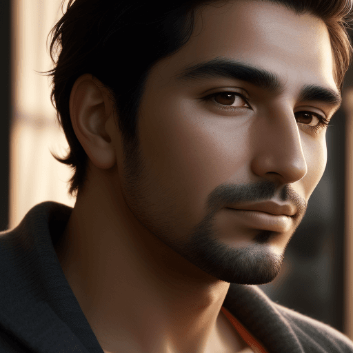 AI generated: up close portrait of stunning chilean man, studio quality, evening light