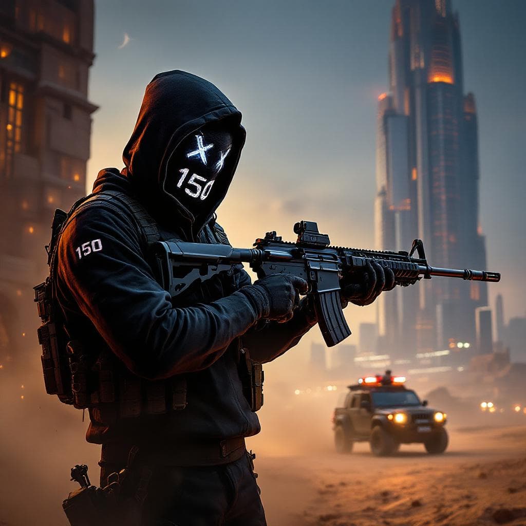 AI generated: black ops theme wearing face mask holding ak-47 dark theme, futuristic, wearing hoodie saying "150" ...