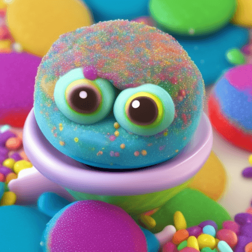 AI generated: cosmos of realistic pascal colorful sweets mascot with sugar sprinkles and two large glassed eyes an...