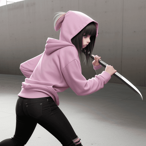 AI generated: Teenage girl that is wearing a baggy pink hoodie with torn black jeans. She is a ninja but uses drum...