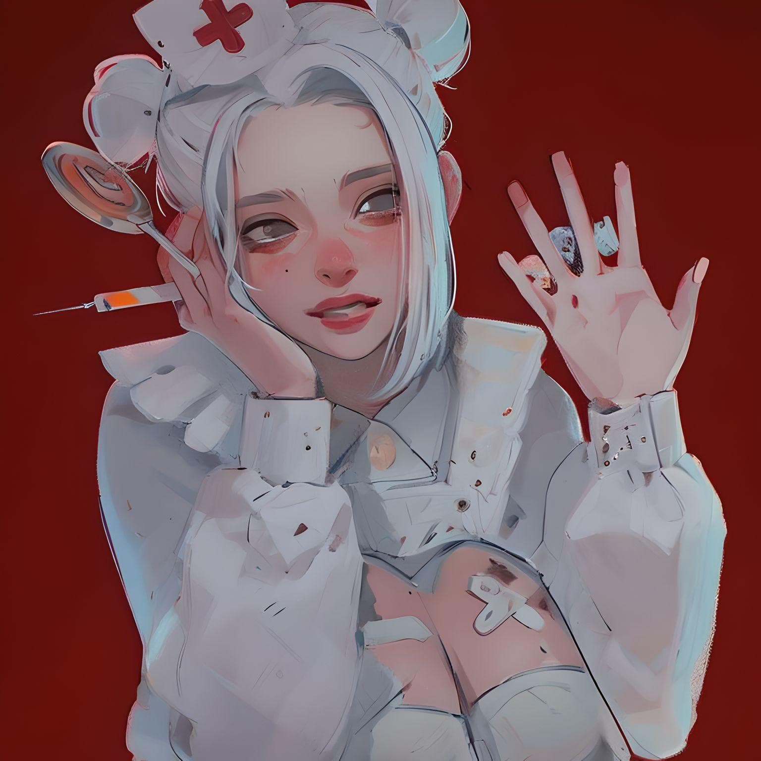 AI generated: a close up of a person, cyberpunk art, pixiv, nurse, white and blood color scheme, cutecore clowncor...