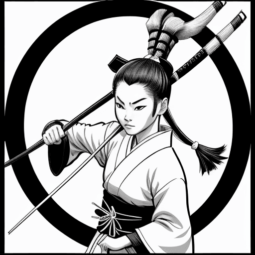 AI generated: female goat samurai, stan sakai style, archer, black and white
