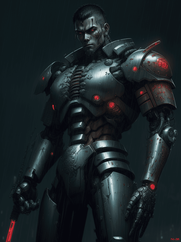 AI generated: digital wallpaper, a brutal cyborg samurai in cyberpunk armor, alone, glowing elements, intricate ar...