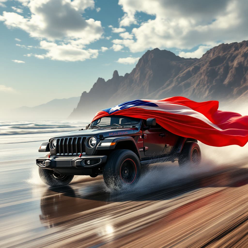 AI generated: Hyper realistic photo of a speeding 2023 Jeep Mojave color black on a beach, using the puerto rican ...