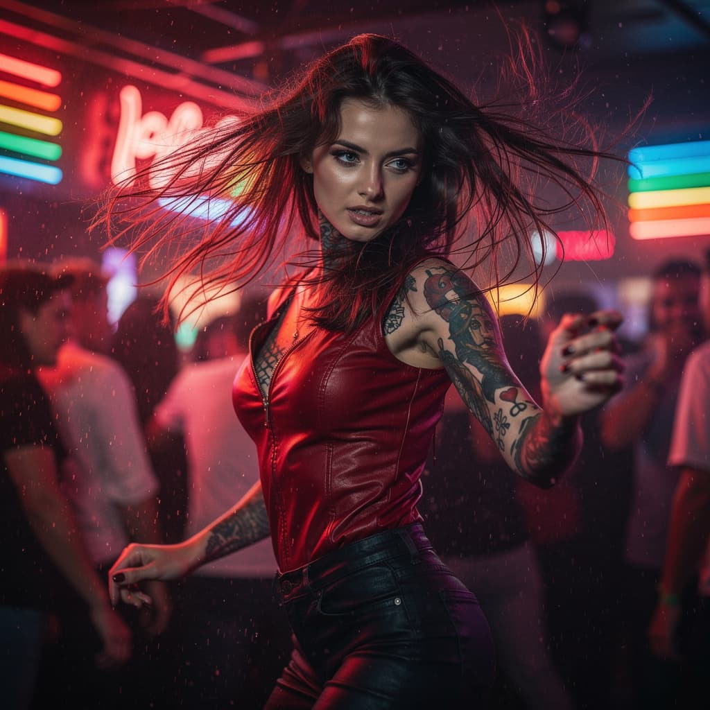 AI generated: Female with long hair; Angle the camera; Rim light with dancing and twirling ;tattooed woman dancing...