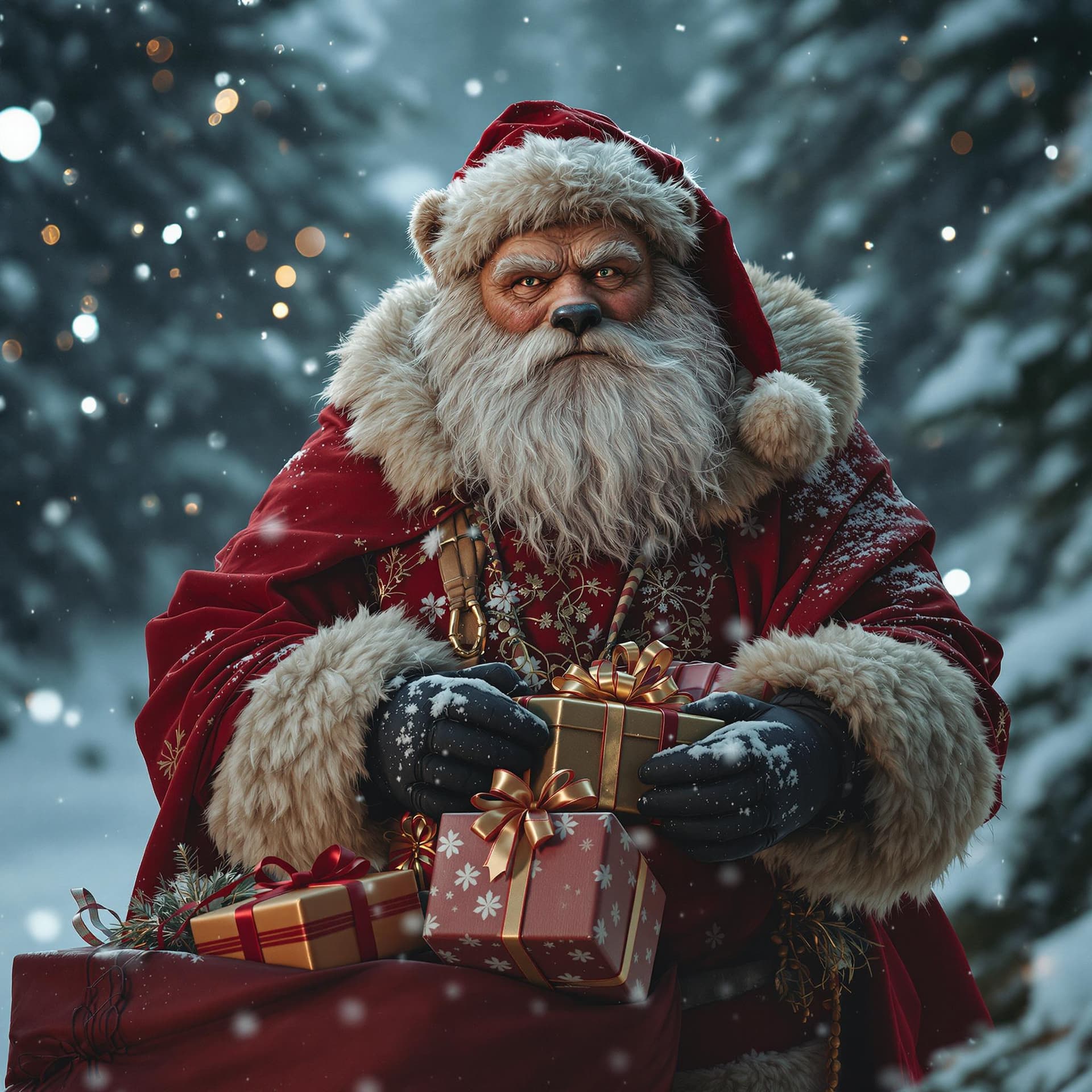 AI generated: A cross between Santa Claus and russian bear, Standing and posing with a a large bag of gifts, The b...