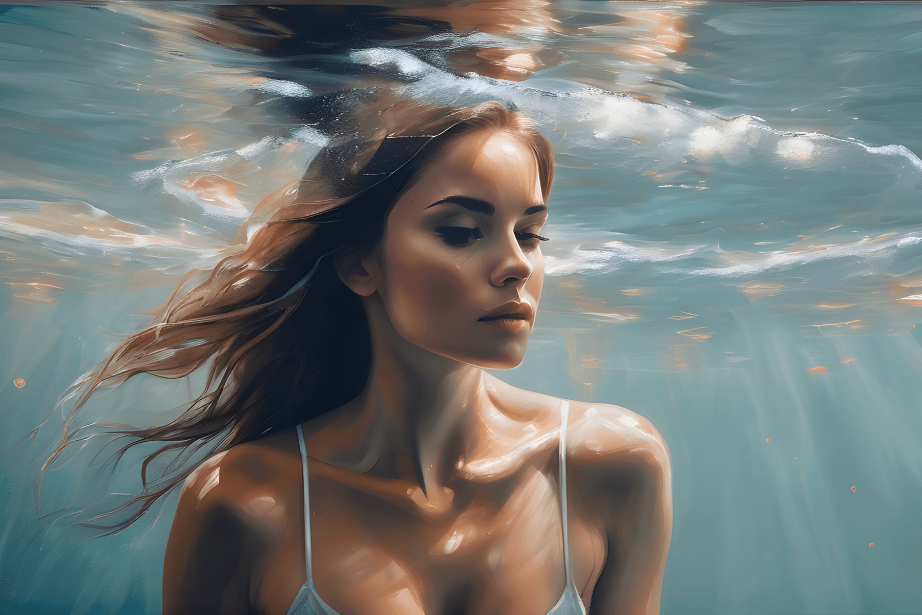 AI generated: Beautiful Surfer Girl under water painting