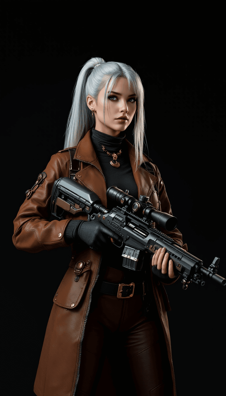 AI generated: A female, very beautiful steampunk lady with long, sleek silver hair, pulled back in a practical and...
