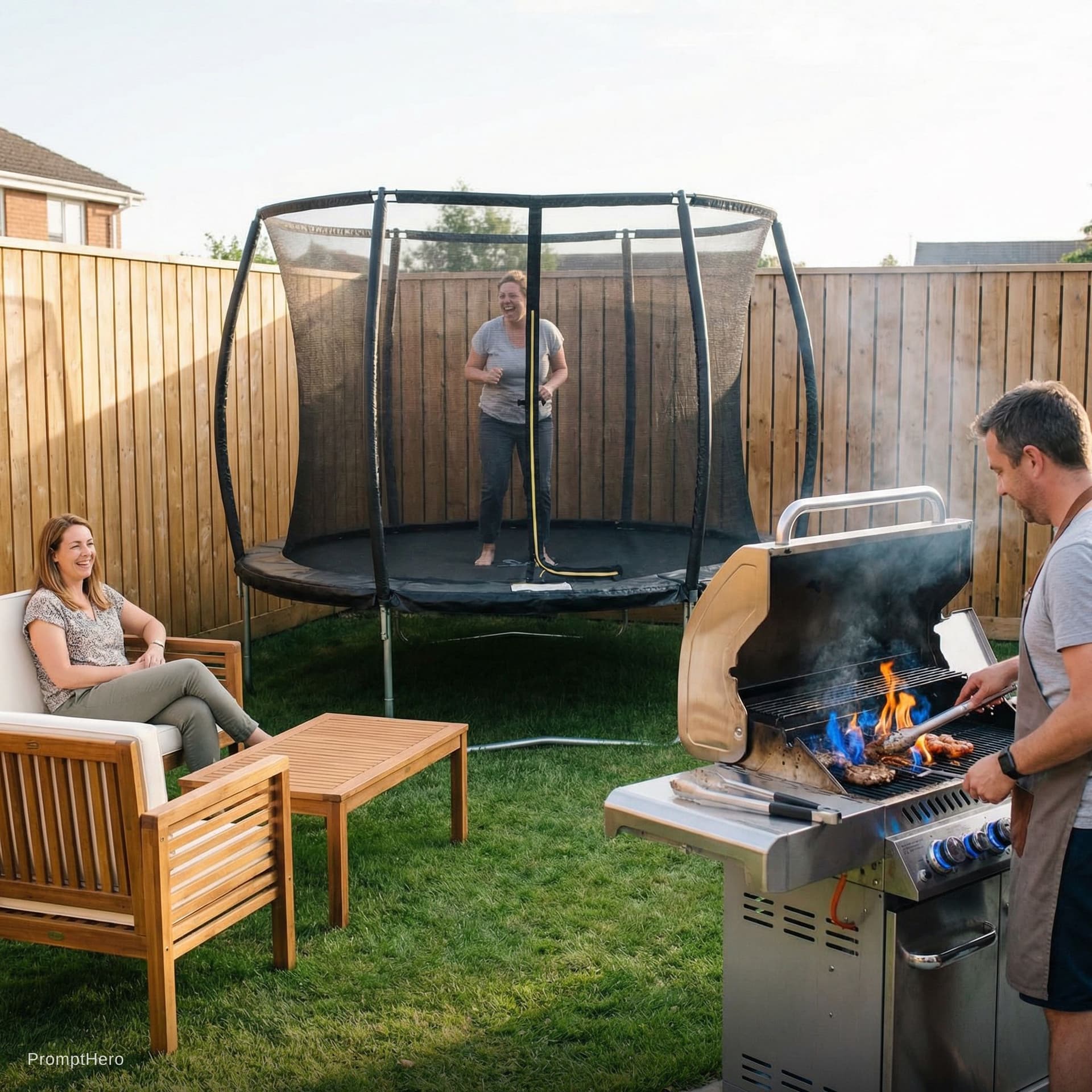 AI generated: “Use the uploaded images as exact visual references for the trampoline, gas grill, wooden fence, and...