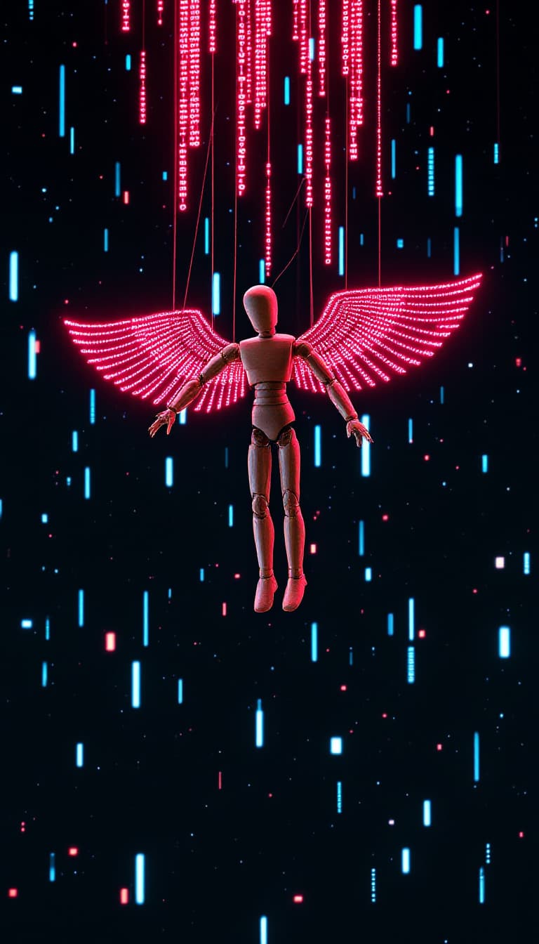 AI generated: A void with falling binary code rain. A wooden puppet floats mid-air as its strings snap into glowin...