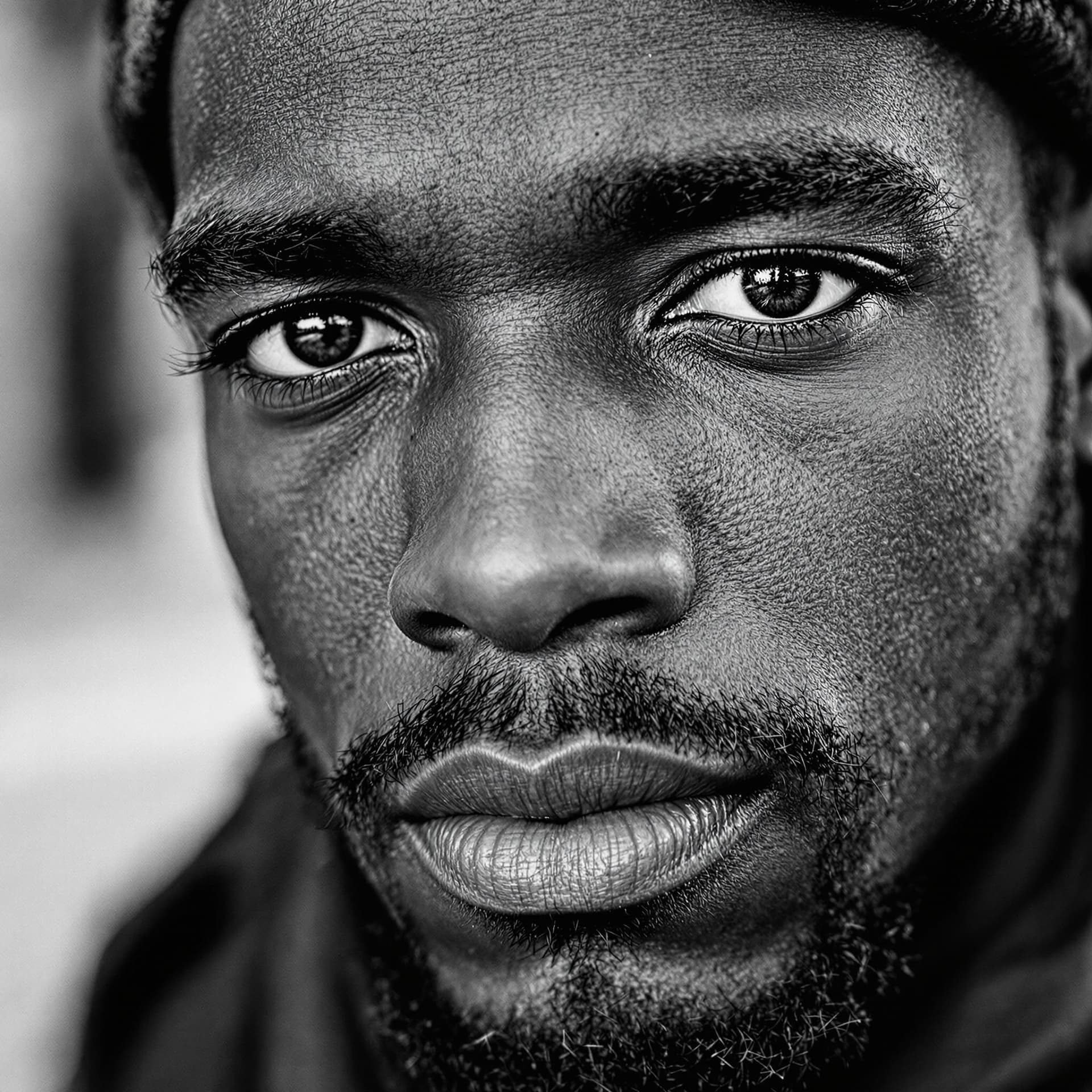 AI generated: wallpaper, high texture quality photo of black man, staring at camera, extreme close-up, black and w...