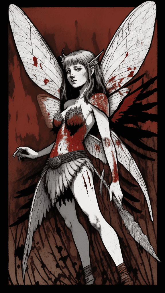 AI generated: a drawing of a fairy with blood on her wings, in the style of adventure pulp, dark white and bronze,...
