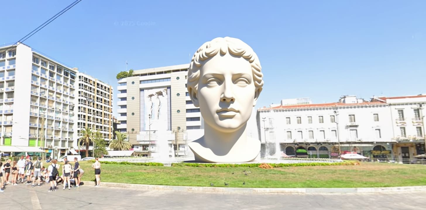 AI generated: Put in the centre of the square a giant cycladic art marble head.