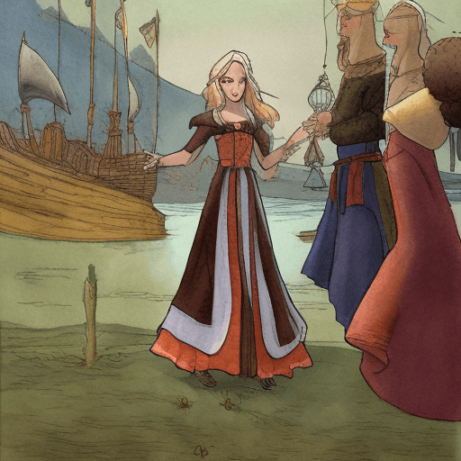AI generated: Woman dressed with medieval clothes singing by the sea of Vigo (Spain). Ghibli drawing style.