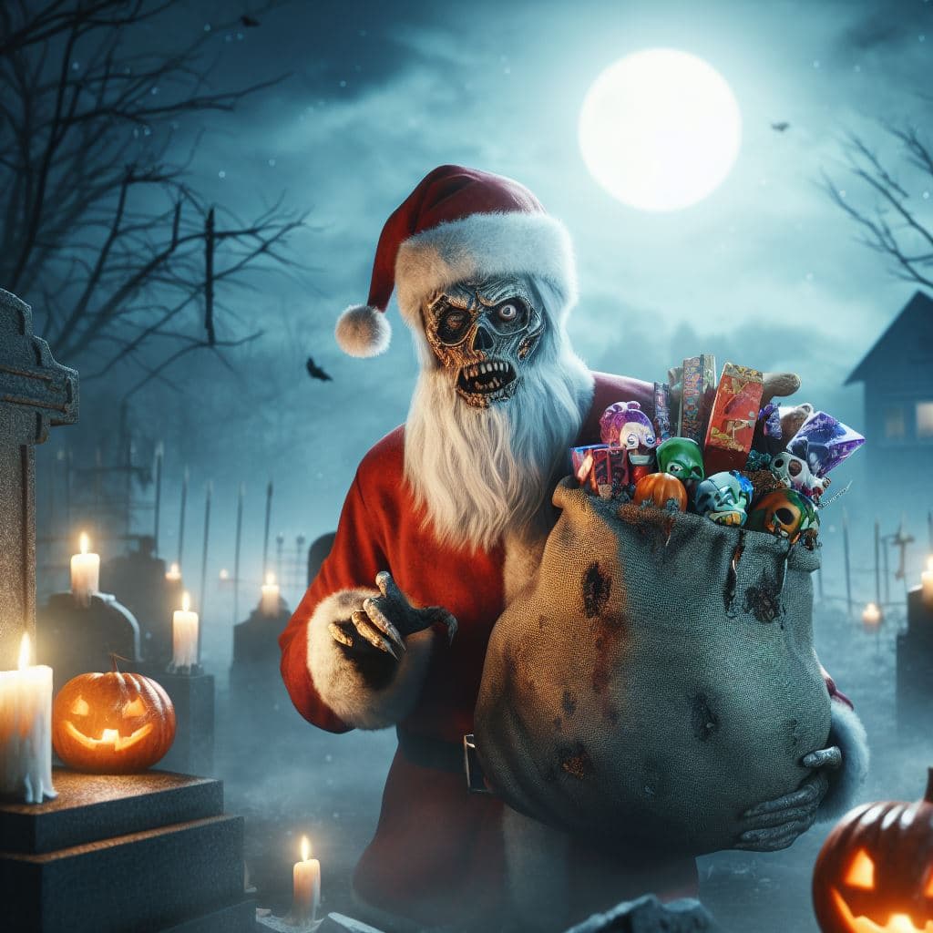AI generated: A zombie Santa Clause ,Trick or Treat at a House,,ultra high detailed,photorealism, on a cemetry,mis...