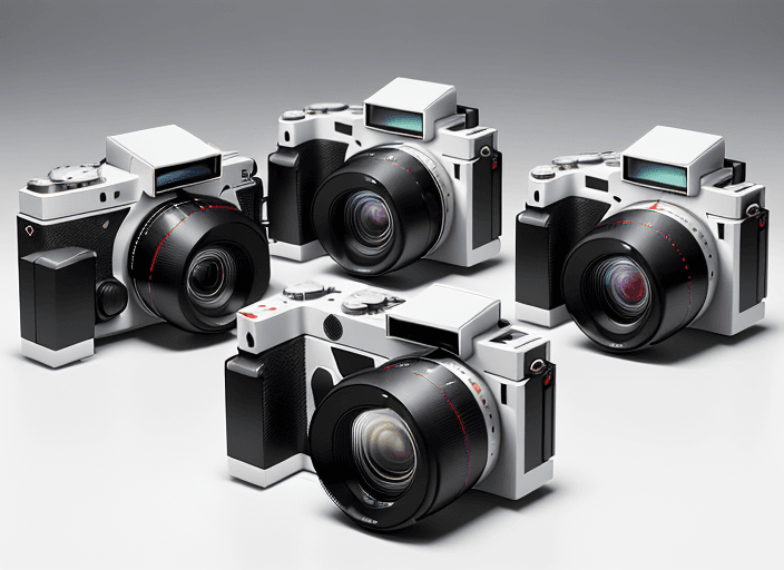 AI generated: Three compact mirrorless digital cameras, fold out screens, arranged in a line on a white surface, f...