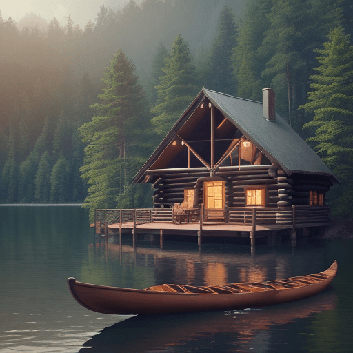 AI generated: a small log cabin, close-up, on the shore of a lake, surrounded by forest, a boat with oars on the l...