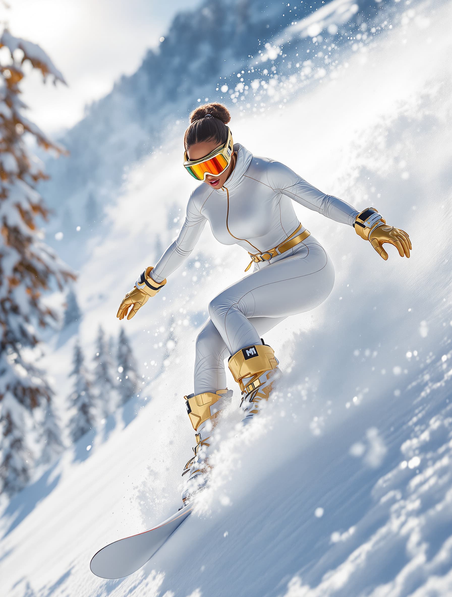 AI generated: Dynamic snowboarding scene set at the slopes of CHAMONIX Ski resort, during a sunny winter day. A ta...
