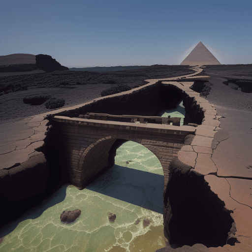 AI generated: a narrow small dilapidated egyptian broken bridge above lava