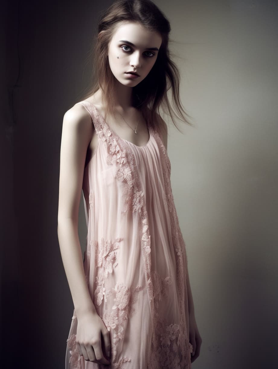 AI generated: well fashion shot realistic Thinspo model in light pink dress ((deep decolletage)) full length captu...