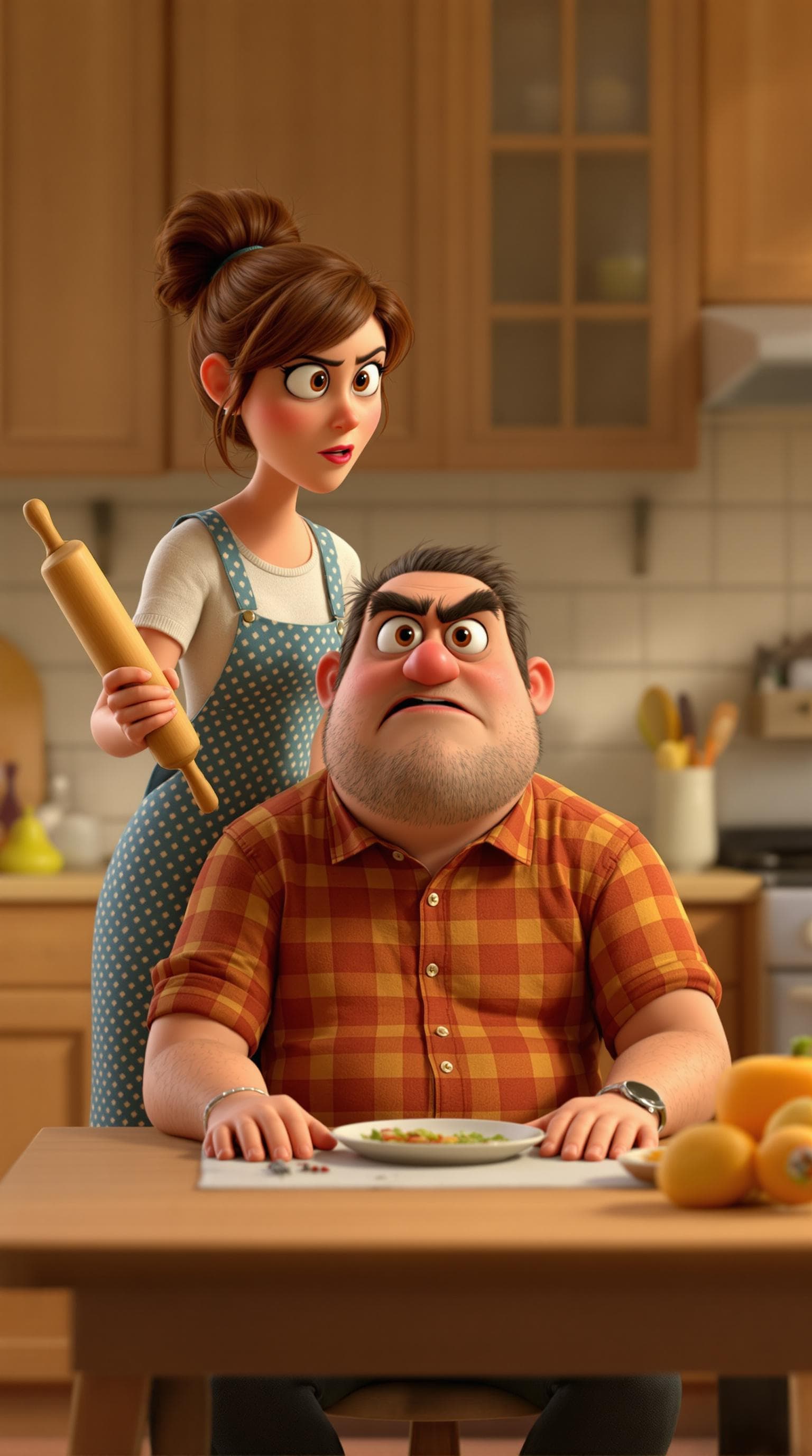 AI generated: 3d pixar character, a man sat down at a kitchen table. His wife is stood over him holding a rolling ...