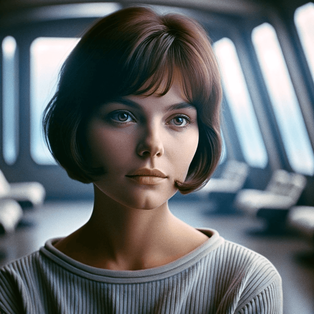 AI generated: A photograph styled to mirror a 1970s cinema frame, featuring a woman who resembles someone in her y...
